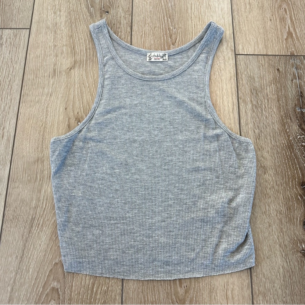 NWOT Free People High Neck Ribbed Cropped Tank Top Grey XS